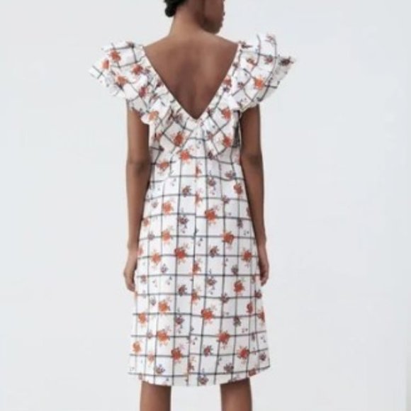 ZARA Floral White FLORAL PANE V-Neck Ruffle Midi Dress - Picture 3 of 8